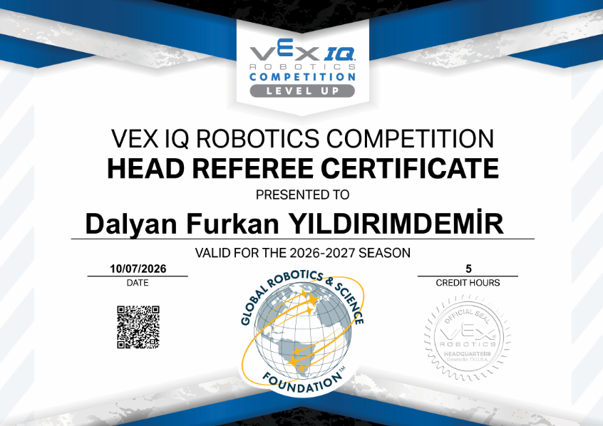 VEX IQ · Başhakem sertifika örneği
