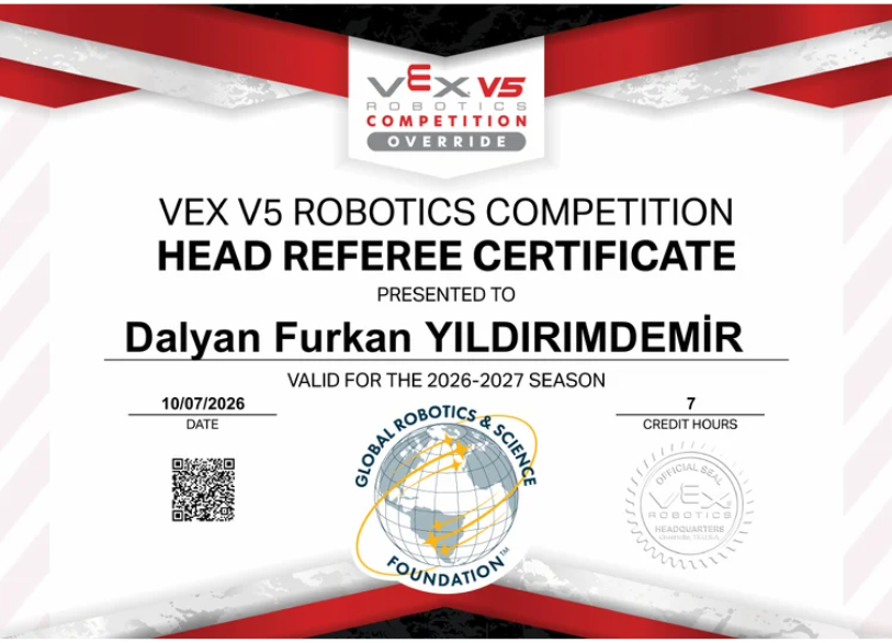VEX V5 Başhakem sertifika örneği